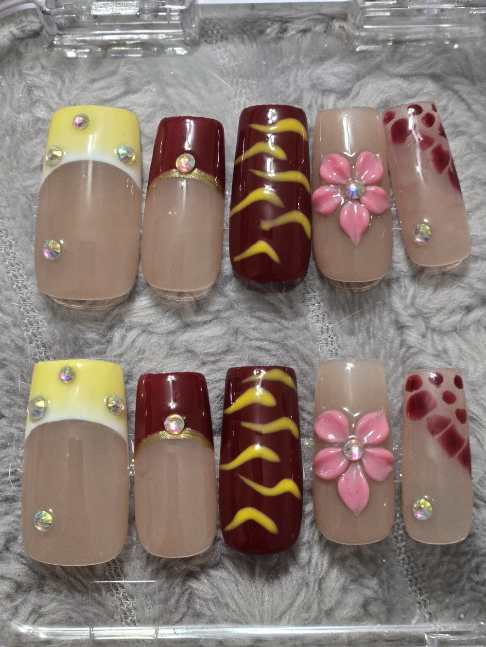 Handcrafted Burgundy & Yellow Press-On Nail Set with Pink Floral, Medium Length